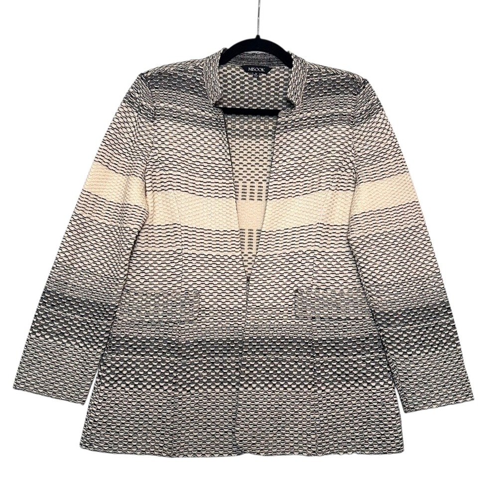 MISOOK Cardigan Jacket Blazer L Textured Geometric Open Front Knit Beige Black